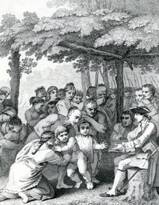 Indianie dostarczający angielskich jeńców pułkownikowi Bouquetowi w pobliżu jego obozu w Forks of Muskingham w Północnej Anerica, grawerowane przez Canota, 1764 autorstwa English School