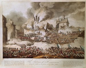 Wnętrze Hougoumont podczas bitwy w chwalebnym 18 czerwca 1815, rytowane przez T. Sutherland, opublikowane 1816 (akwatinta) autorstwa English School