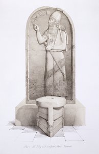 Król i Ołtarz Ofiarny, Nimrud, tablica 4 z Niniwy i jej szczątki, Austen Henry Layard (1817-94) opublikowana w 1849 r. autorstwa English School