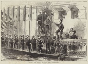 Król Grecji przyjęty przez księcia Walii na pokładzie HMS Serapis (rycina) autorstwa English School