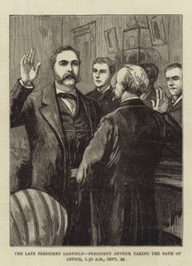Zmarły prezydent Garfield, prezydent Arthur składa przysięgę urzędu autorstwa English School