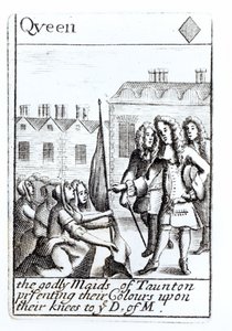 Maids of Taunton klęczące przed księciem Monmouth, 18 czerwca 1685, Królowa Diamentów do gry w karty z zestawu upamiętniającego bunt Monmouths autorstwa English School