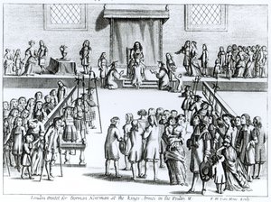 Sposób Jego Królewskiej Mości Leczenia Choroby zwanej Złem Króla, rytowany przez Fredericka Hendricka van Hove (ok. 1628-98) wydrukowany dla Dormana Newmana (patrz także 259707) autorstwa English School