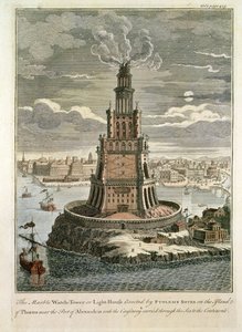 Marmurowa wieża strażnicza lub latarnia morska wzniesiona przez Ptolemeusza Sotera na wyspie Faros, w pobliżu portu w Aleksandrii (kolorowy wydruk) autorstwa English School