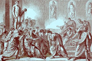 Morderstwo Juliusza Cezara, ilustracja z Ilustrowanej Historii Świata, wydanej ok. 1880 r. (obraz ulepszony cyfrowo) autorstwa English School