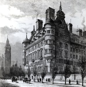 The New Police Offices on the Victoria Embankment, grawerowane przez H.W.B., opublikowane w „The Illustrated London News” c.1890 autorstwa English School