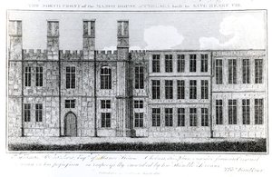 Front północny Manor House w Chelsea zbudowany przez króla Henryka VIII, rytowany przez J. Barlowa, ilustracja w A Historical and Topographical Account of Chelsea and its Environs autorstwa Thomasa Faulknera, autorstwa English School