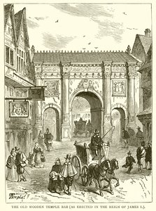 Stary drewniany Temple Bar (wzniesiony za panowania Jakuba I) autorstwa English School