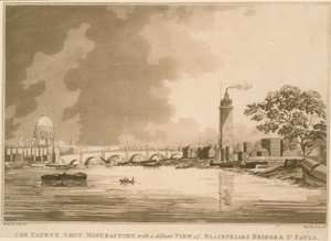 Manufactury Patent Shot, z odległym widokiem na Blackfriars Bridge i St Pauls w Londynie autorstwa English School
