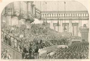 Kongres Pokojowy w Exeter Hall, prezydent Sir David Brewster odczytuje przemówienie inauguracyjne autorstwa English School