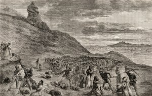 Prześladowania i masakra chrześcijan na Madagaskarze w 1849 r., ok. 1865 r. (drewno) autorstwa English School