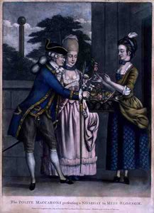 Uprzejmy Maccaroni prezentuje nosegay pannie Blossom, wyd. Carington Bowles (fl.1744-93) autorstwa English School