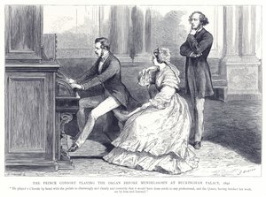 Książę małżonek grający na organach przed Mendelssohnem w Pałacu Buckingham, 1842 autorstwa English School