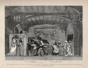 Produkcja „Falstaffa” Giuseppe Verdiego w Mediolanie, Falstaff ukryty w Koszu Buck w Domu Forda. Ilustracja do grafiki autorstwa English School