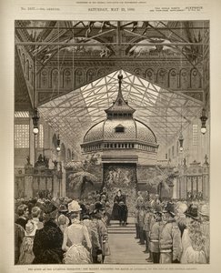 Królowa na wystawie w Liverpoolu: Her Majesty Knighting burmistrza Liverpoolu na podium w Galerii Centralnej, z The Illustrated London News, 22 maja 1886 autorstwa English School