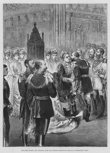 Królowa całująca swoje dzieci po Jubileuszowym Nabożeństwie Dziękczynienia w Opactwie Westminsterskim (rycina) autorstwa English School
