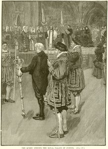 Królowa otwierająca Królewski Pałac Sprawiedliwości autorstwa English School