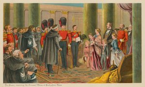 Królowa odbierająca krymskich bohaterów w Pałacu Buckingham autorstwa English School