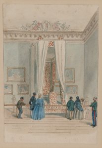 Sypialnia królowej z państwowym łóżkiem królowej Anny, ok. 1860-70 (akwarela na papierze) autorstwa English School
