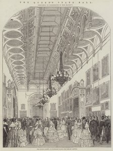 Bal Stanowy Królowej, Galeria Obrazów w Pałacu Buckingham, przybycie Firmy (grawerowanie) autorstwa English School