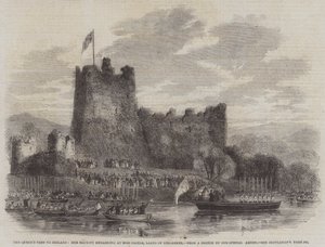 Wizyta królowej w Irlandii, wejście Jej Królewskiej Mości do zamku Ross, Lakes of Killarney (rycina) autorstwa English School