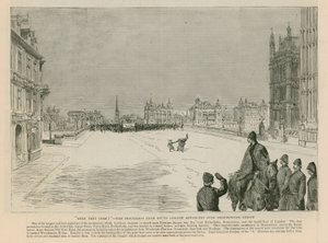 Zamieszki na Trafalgar Square: Here they Come – procesja z południowego Londynu zbliżająca się przez most Westminster Bridge autorstwa English School