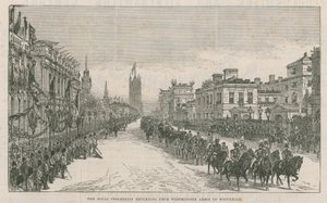 Procesja królewska powracająca z Opactwa Westminsterskiego w górę Whitehall autorstwa English School