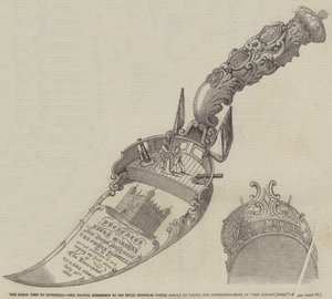 Królewska wizyta w Liverpoolu, Kielnia przedstawiona Jego Królewskiej Wysokości Księciu Albertowi w sprawie położenia kamienia węgielnego pod „Dom Żeglarzy” (rycina) autorstwa English School
