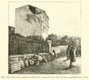 Rue Partono, Mentone, zniszczona przez trzęsienie ziemi na Riwierze, 1887 autorstwa English School