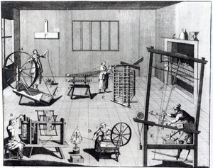 Druga tablica manufaktury wełnianej przedstawiająca sztukę przędzenia, nawijania, wypaczania i tkania tkaniny wełnianej, grawerowana dla „The Universal Magazine”, 1749 autorstwa English School