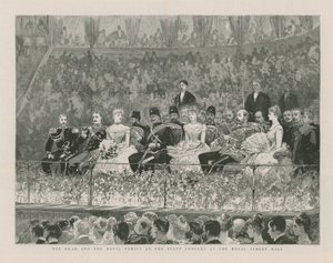 Szach i rodzina królewska na koncercie państwowym w Royal Albert Hall autorstwa English School