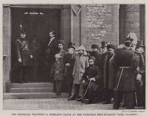 Shahzada ogląda tańce góralskie w stoczni Fairfield Ship-Building Yard, Glasgow (ryty) autorstwa English School