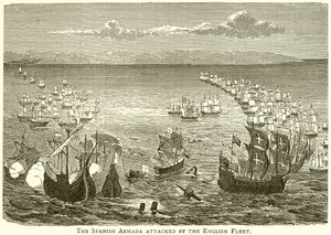 Hiszpańska Armada zaatakowana przez angielską flotę autorstwa English School