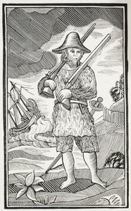 Zaskakujące życie i najdziwniejsze przygody Robinsona Crusoe z miasta York, Mariner, ilustracja z książki Chap-books of the Eighteenth Century Johna Ashtona, wyd. 1882 autorstwa English School