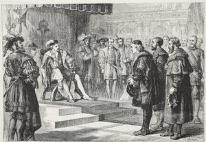 Trzej ambasadorowie protestanccy przed cesarzem Karolem, ilustracja z Historii protestantyzmu Jamesa Aitkena Wylie (1808-1890), wyd. 1878 autorstwa English School