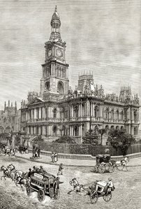 The Town Hall, Sydney, ok.1880, z „Australian Pictures” Howarda Willoughby’ego, opublikowane przez religijne Towarzystwo Traktowe, Londyn, 1886 autorstwa English School