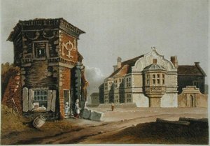 The Traktat House, Uxbridge, z „Repozytorium Sztuki” Ackermanna, opublikowane na początku XIX wieku (kolor lito) autorstwa English School