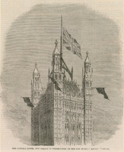 Victoria Tower, nowy Pałac Westminsterski, w dniu pogrzebu Sir C Barnetsa autorstwa English School