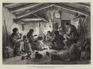 Wojna, rosyjscy żołnierze rozrabiający się w domu w bułgarskiej chacie (rycina) autorstwa English School