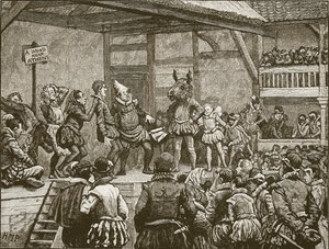 Aktorstwo jednej ze sztuk Szekspira w czasach królowej Elżbiety, ilustracja z Ilustrowanej Historii Anglii Cassella (zdjęcie w sepii) autorstwa English School