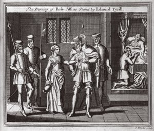 Palenie ręki Rose Allins przez Edmunda Tyrilla, ilustracja z Foxes Martyrs c.1703 autorstwa English School