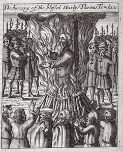 Spalenie błogosławionego męczennika Thomasa Tomkinsa, ilustracja z "Acts and Monuments" Johna Foxe