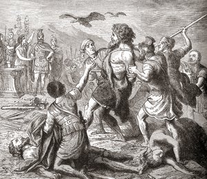 Schwytanie Teutobochusa, legendarnego olbrzyma i króla Teutonów, z Ilustrowanej historii świata Warda i Locka, wyd. ok. 1882 r autorstwa English School