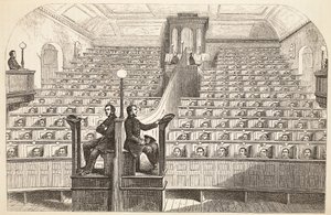 Kaplica, w systemie osobnym, w więzieniu Pentonville, podczas nabożeństwa, ilustracja z The Criminal Prisons of London i Scenes from Prison Life autorstwa Henry