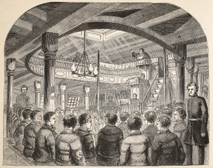 Kaplica skazańców na pokładzie statku Defense w Woolwich, ilustracja z The Criminal Prisons of London i Scenes from Prison Life autorstwa Henry