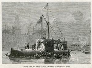 Cylindryczny statek Kleopatra z obeliskiem przy Westminster Bridge autorstwa English School