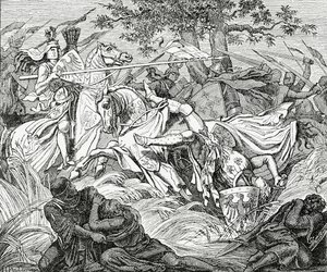 Śmierć Manfreda w bitwie pod Benewentem, 26 lutego 1266, 1882 r. autorstwa English School