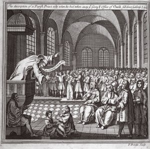 Opis kapłana papieskiego, który odebrał Chwałę i urząd Chrystusowy, upadł nagle i umarł, ilustracja z Foxes Martyrs c.1703 autorstwa English School
