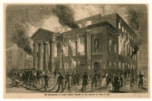 Zniszczenie Covent Garden Theatre w Londynie rankiem 5 marca 1856 r autorstwa English School