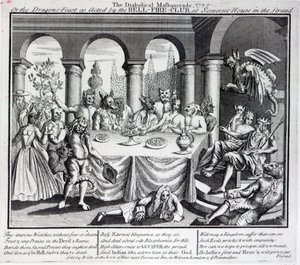 Diaboliczna maskarada, czyli uczta smoków w wykonaniu Klubu Ognia Piekielnego, w Somerset House na Strandzie, ok. 1721 r. autorstwa English School
